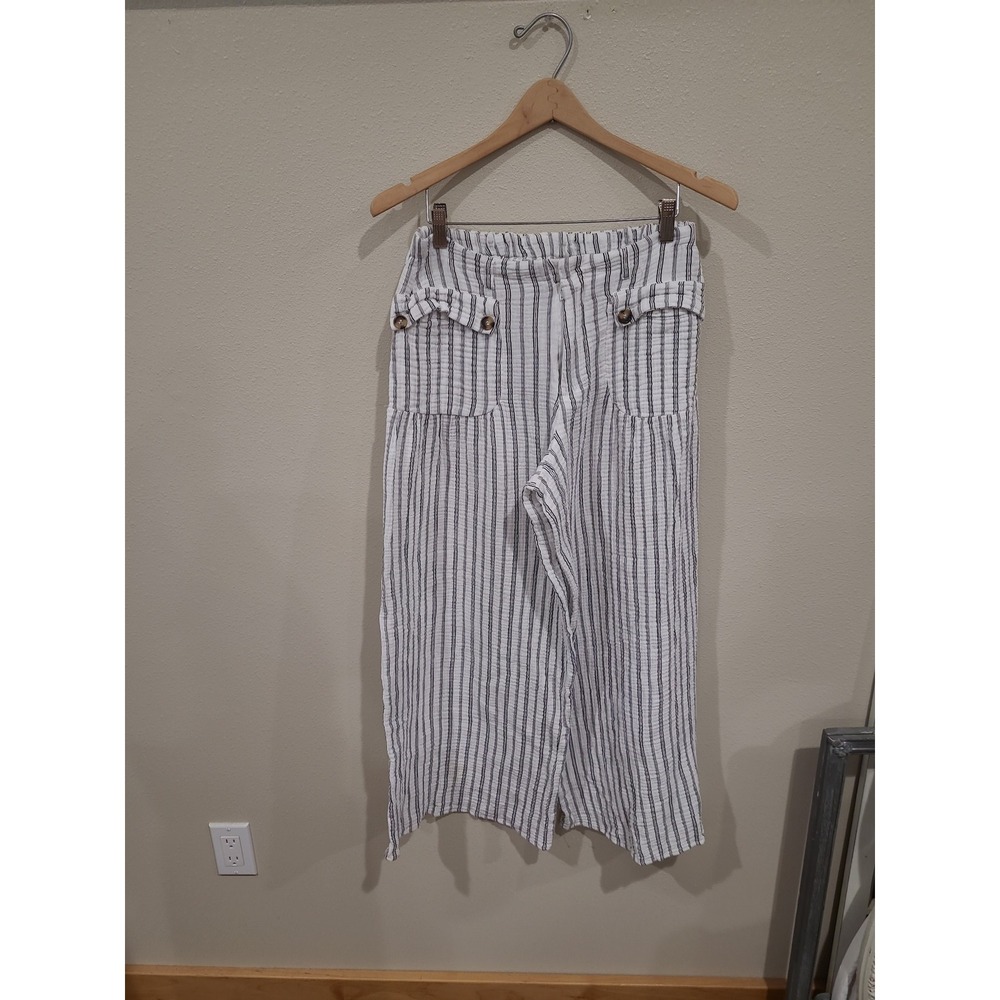 Striped Wide-Leg Linen Blend Pants - White/Gray